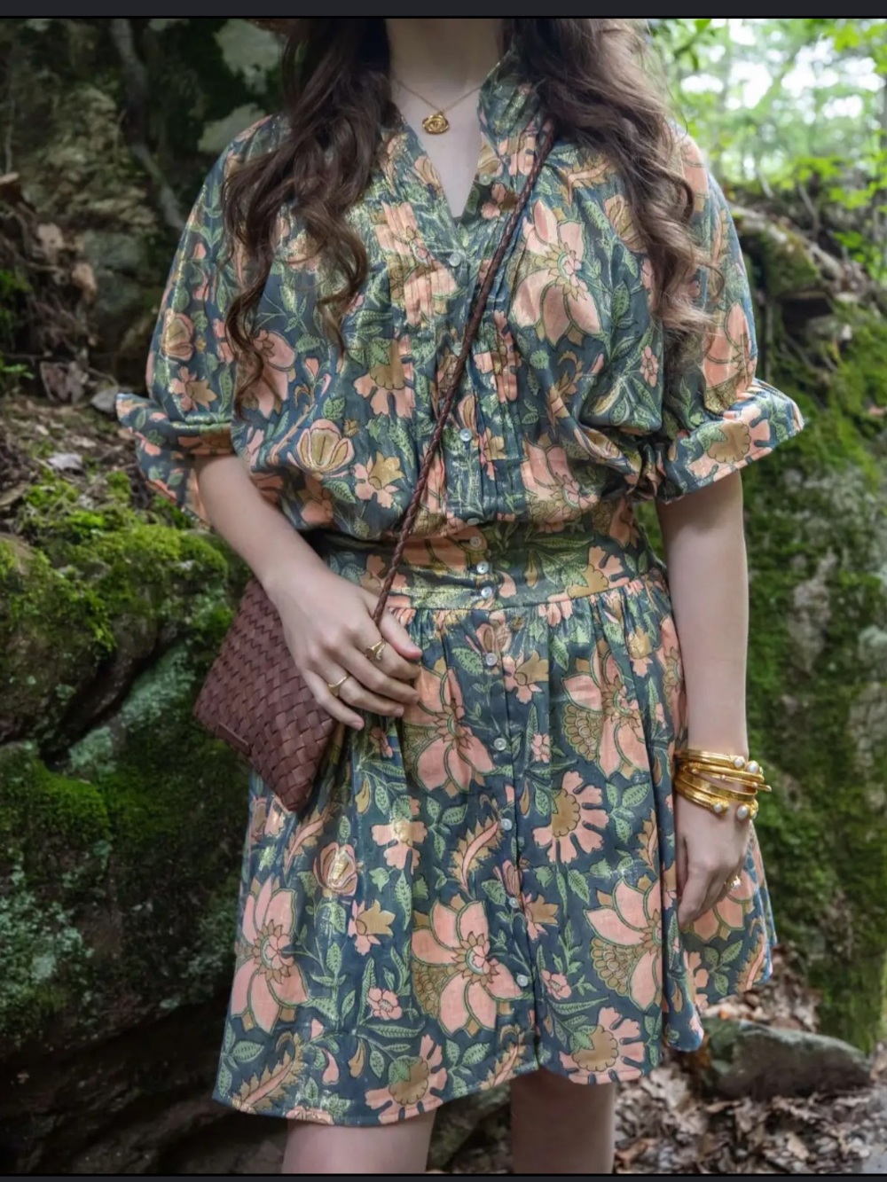 Juliet Dunn London Floral pink & green Lamé Blouson Dress Size 1/Small $385.